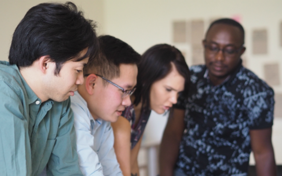 IDBM students Masahiro Kunieda (left), Loi Tran, and Maaria Tiensivu as well as Benjamin Atika of the University of Nairobi worked on a food safety project in Nairobi in March. Photo: Laura Silvanto