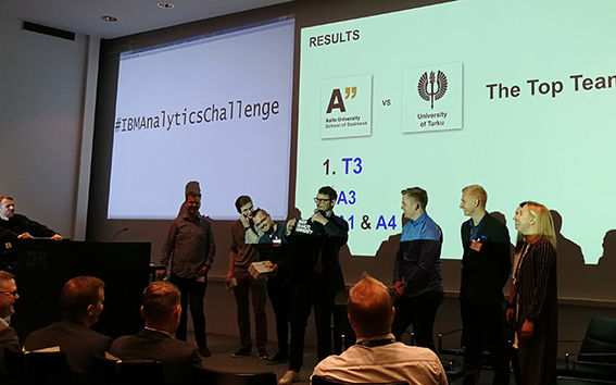 The two top teams, Team Aalto on the left and a team representing Turku School of Economics on the right. Jukka Ruponen from IBM on the extreme left and post doc researcher Jani Merikivi in the middle. This time TSE won the extremely tough and well-matched competition. Congrats to Turku!
