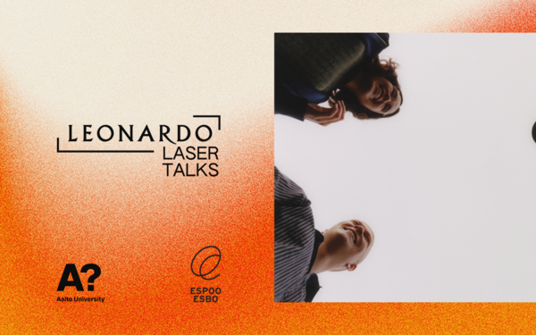 Four people standing in a circle looking down, with text 'Leonardo Laser Talks.' Background fades from orange to white.