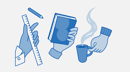 Kuvassa on vasemmalla käsi, joka tarjoaa viivotinta, keskellä käsi, joka tarjoaa kirjaa ja oikealla käsi, joka tarjoaa kahvia.