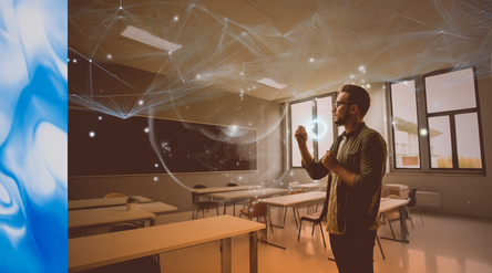 A person stands in a modern classroom, interacting with glowing digital holograms.