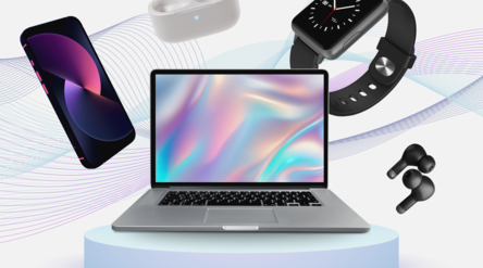 The image illustrates a modern mobile ecosystem, where smartphones, laptops, smartwatches, and wireless earbuds are seamlessly connected.