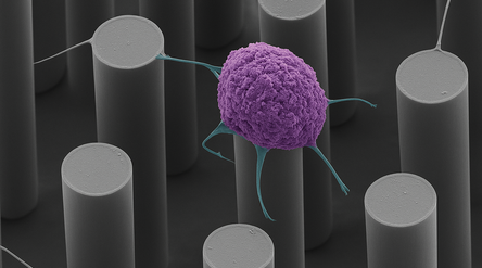 SEM-kuva, jossa yksittäinen solu on ripustuneena mikropilarin päälle superhydrofobisella pinnalla eikä ylety viereisiin pilareihin