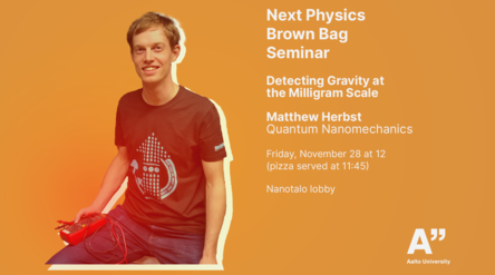 Seminar poster showing a person holding red equipment. Text details Matthew Herbst's talk on quantum nanomechanics.