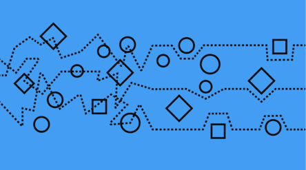 Mustia ympyröitä ja neliöitä, jotka on yhdistetty katkoviivoilla sinisellä taustalla.