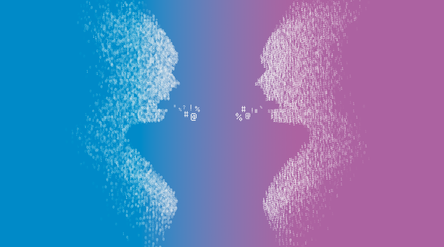 Two opposing human profiles formed from clusters of 0s and 1s, with streams of grawlix emerging from their mouths.