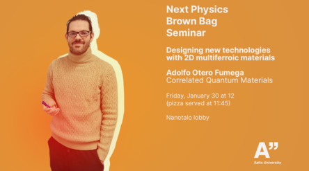 Man in a beige sweater holding a pen. Next Physics Brown Bag Seminar details on orange background.