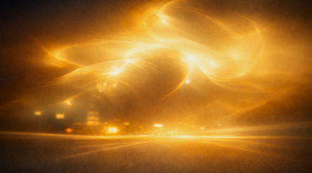 A glowing, abstract light pattern over a blurry city at night.