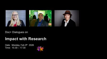 Tapahtumajuliste, jossa kolme sumeaa henkilöä. Otsikko: Doc+ Dialogues on Impact with Research. Päivämäärä: ma 9.2.2026. Aika: 15:30 – 17:30.