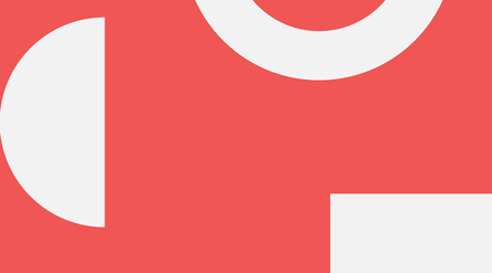 Punainen tausta, jossa valkoisia geometrisia muotoja: puolipyöreä vasemmalla ja osittainen ympyrä oikealla ylhäällä.