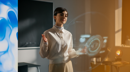 Henkilö holografisen näytön ääressä luokkahuoneessa.