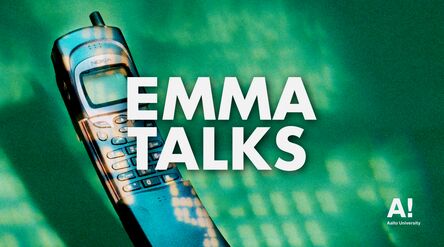 Vanha Nokia-puhelin vihreällä taustalla, teksti 'EMMA TALKS' ja Aalto-yliopiston logo.