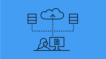 Illustration of a person at a computer, connected to cloud storage and two servers on a blue background.