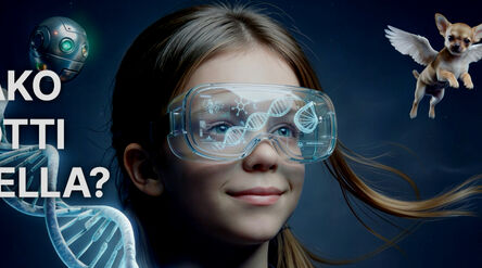 DNA-kierre, robottipallo ja siivekäs olento näkyvät tekstillä 'OSAAKO ROBOTTI AJATELLA?'