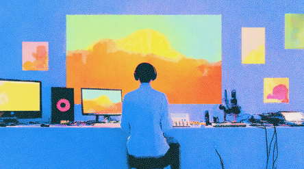 Person with headphones sits at a desk with multiple screens and colourful artwork on the wall.