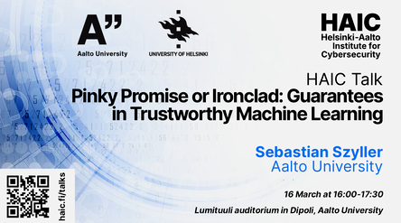 Event flyer advertising the upcoming HAIC Talk with Sebastian Szyller on 16.3.2026