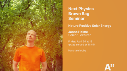 Blurred man in orange shirt in green forest beside orange Aalto seminar poster on solar energy.