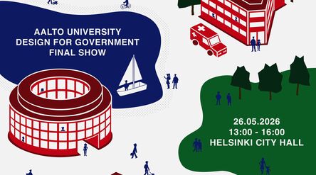 Event poster for Aalto University’s Design for Government final show with red buildings and people icons