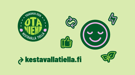 Infografiikkaa jossa kuvioita ja linkki kestavallatiella.fi