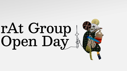 rAt Group Open Day text in black on white and a cartoon rat made out of different elements.