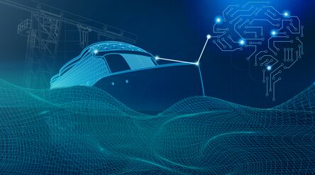 Futuristic blue wireframe ship on digital waves, linked to a glowing circuit brain above the sea