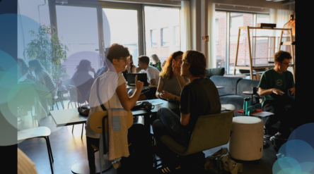 Students chatting with Unite! logo