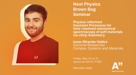 Orange seminar poster with blurred speaker photo and white text about a physics brown bag talk at Aalto University.