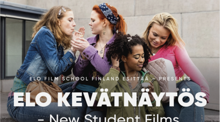 4 girls are outside vibing and smoking cigarettes. White text on top of picture Elo Film School Finland presents ELO kevätnäytös new students films.