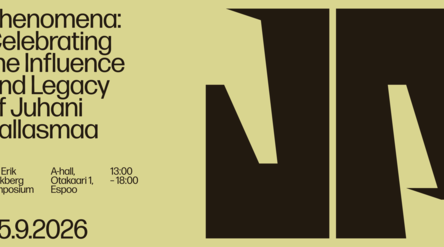 Yellow poster for Phenomena: Juhani Pallasmaa symposium, text left, bold black abstract shapes right