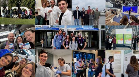 Collage of various pictures with smiling researchers in conferences and events.