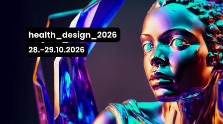 Futuristic colourful statue with blurred face and text: health_design_2026, 28.–29.10.2026