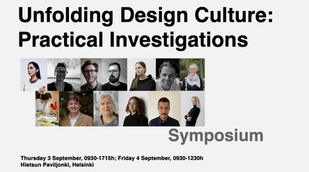 Poster for 'Unfolding Design Culture' symposium with speaker portraits and event details in Helsinki.