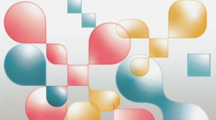 Abstract network-like illustration in which blue, red, and yellow rounded and angular shapes overlap against a light background.