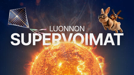 Glowing sun with Finnish text, a kite on the left and a flying rabbit with propeller backpack on the right