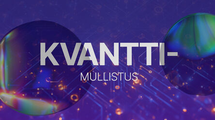 Text “KVANTTI-MULLISTUS” on purple tech background with glowing circuit lines and iridescent spheres