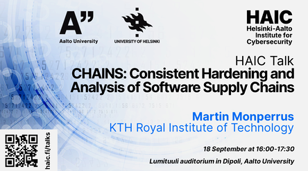 Advertisement slide of the upcoming HAIC Talk with professor Martin Monperrus. Talk title is CHAINS: Consistent Hardening and Analysis of Software Supply Chains.