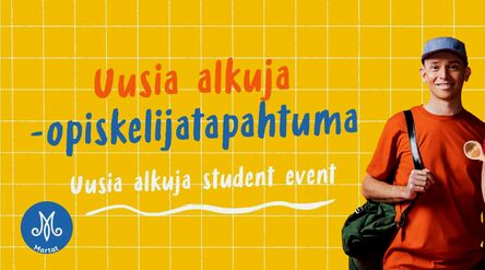 Två leende studenter mot gul rutnätsbakgrund med text om studentevenemanget Nya början