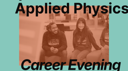 Teal poster for Aalto Applied Physics Career Evening 2026, with three smiling students on an orange-tinted photo