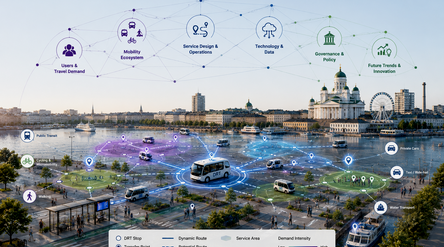 Conceptual illustration of demand-responsive transport, showing a DRT vehicle, dynamic routes, links to other modes and key factors.
