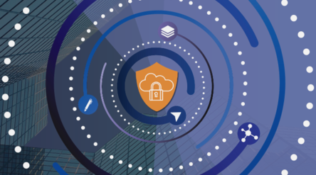 Illustration featuring a cloud and padlock at the center, surrounded by abstract technology icons and circular data patterns 