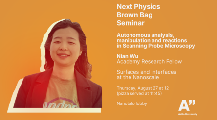 Orange seminar poster with a woman in a red blazer and white text about a Next Physics Brown Bag event.