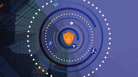 Illustration featuring a cloud and padlock at the center, surrounded by abstract technology icons and circular data patterns 