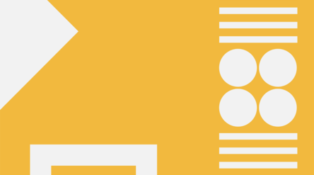 Yellow background with white circles and horizontal bars on the right side.