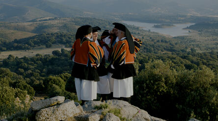 he picture shows a sunny day, in a natural landscape upon a cliff, stand four men in traditional Sardinian costumes, in the 
act of singing.