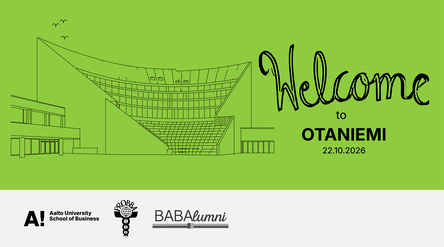 The banner for the 'Welcome to Otaniemi' event, featuring the silhouette of the former Mikkeli campus building of the IB programme and the silhouette of the amphitheatre on the Otaniemi campus. Additionally, below the image are the logos of the School of Business, Probba, and BABAlumni.