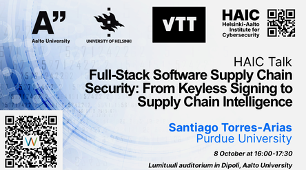 Blue and white poster for HAIC talk on full-stack software supply chain security by Santiago Torres-Arias.