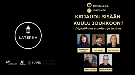 laterna webinaarin mainoskuva, jossa puhujat ja korkeakoulujen, rahoittajan ja laternan logo