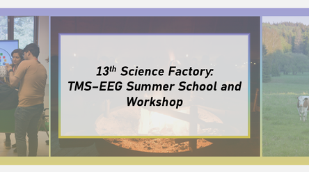 Banner for 13th Science Factory TMS–EEG Summer School with lab, nature and social activity photos