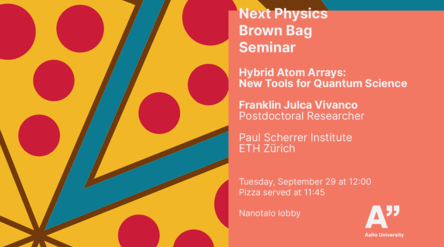 Poster for physics seminar on quantum science, text on pink beside stylised yellow and red pizza graphic
