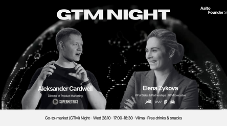 Mustavalkoinen GTM Night -juliste, Aleksander Cardwell ja Elena Zykova puhumassa maapallon taustalla